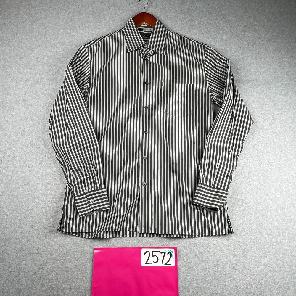 Canali Shirt Large Gray Striped Casual Made In Italy Button Up Long Sleeve Mens